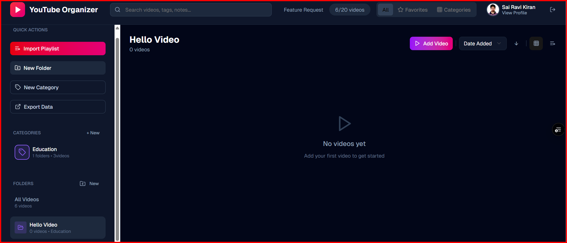 YouTube Organizer dashboard showing organized videos in folders with categories, favorites, and search functionality